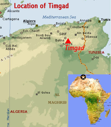 Map showing the location of Timgad world heritage site (Algeria), the garrison town at the frontiers of the Roman Empire in Africa